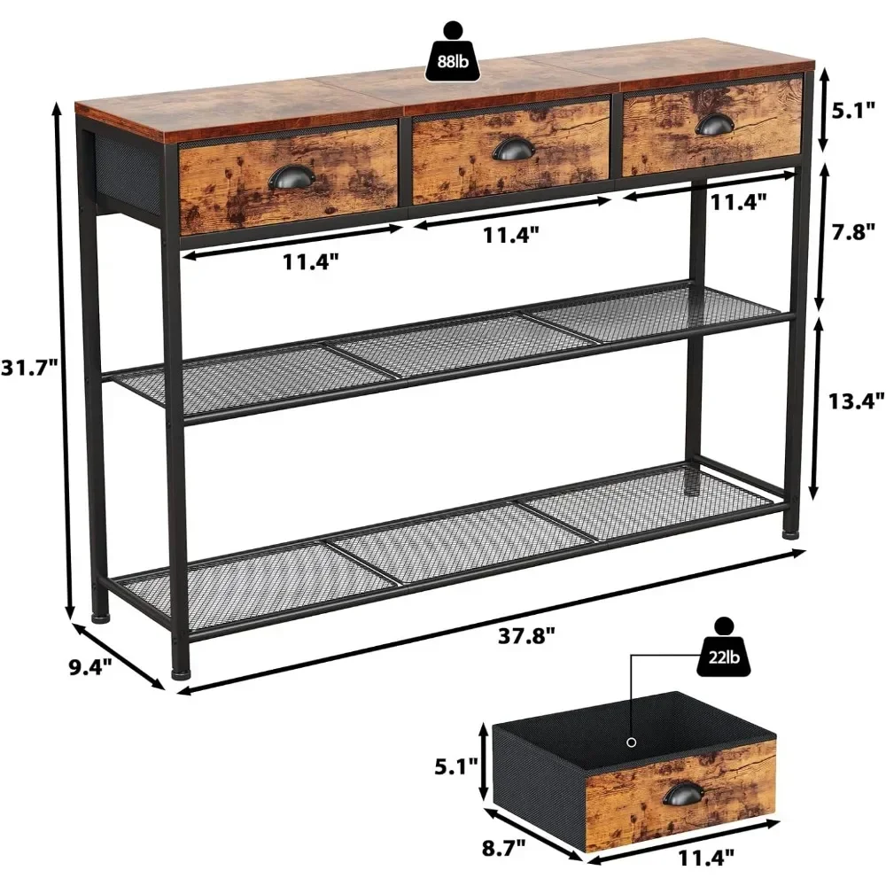 Entryway Table,38 Console Sofa Table with3Fabric Drawers,Industrial Entry Way Table with Storage Shelves, Display Shelf image 3