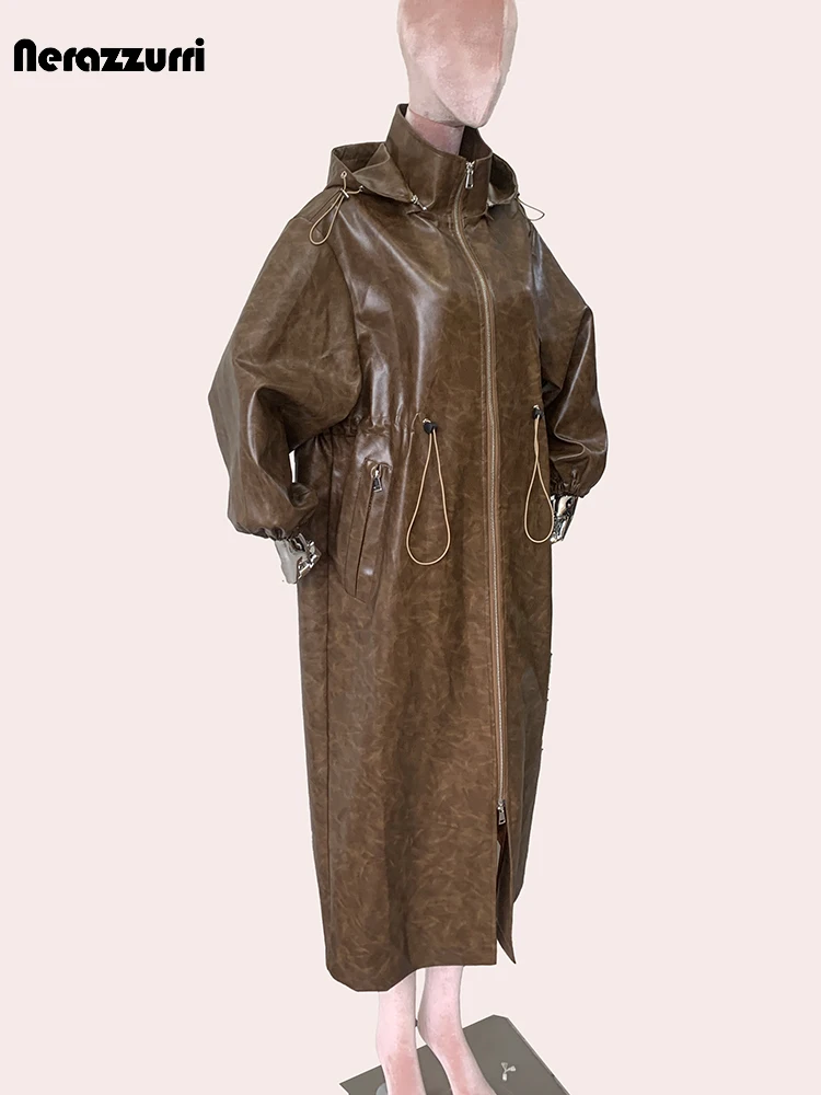 Nerazzurri-Manteau Long et Cool en Cuir PU Marron avec Capuche pour Femme, Vêtement de Luxe de Styliste avec Fermeture Éclair, Collection Automne 2024