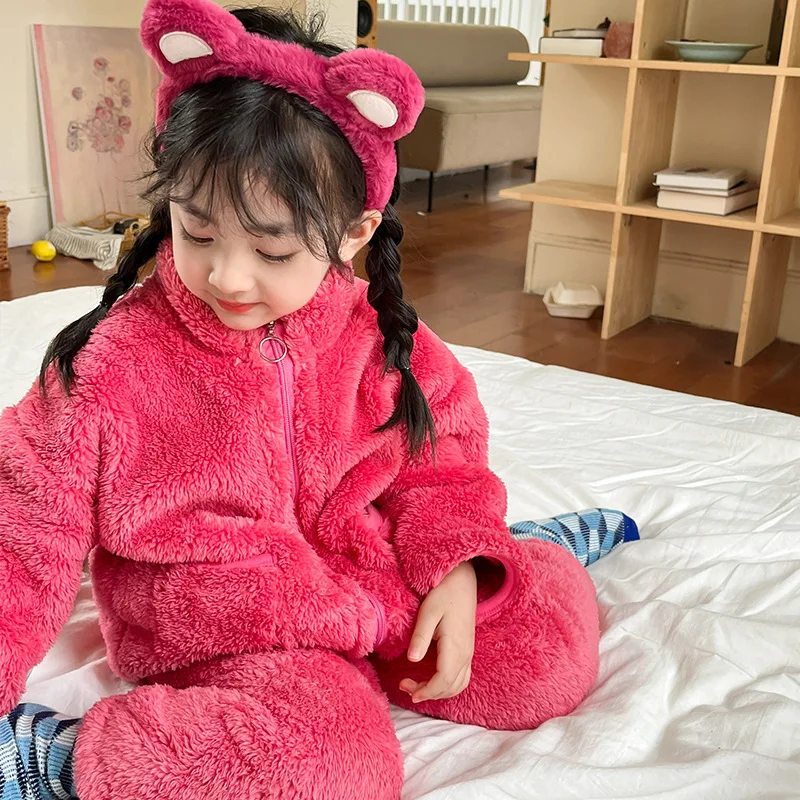 

Baby Boys Girls Set Flannel Warm Zipper Tops Pants Two Pieces Kids Outfits Soft Casual 2-10 Years Children Clothes Home Wear