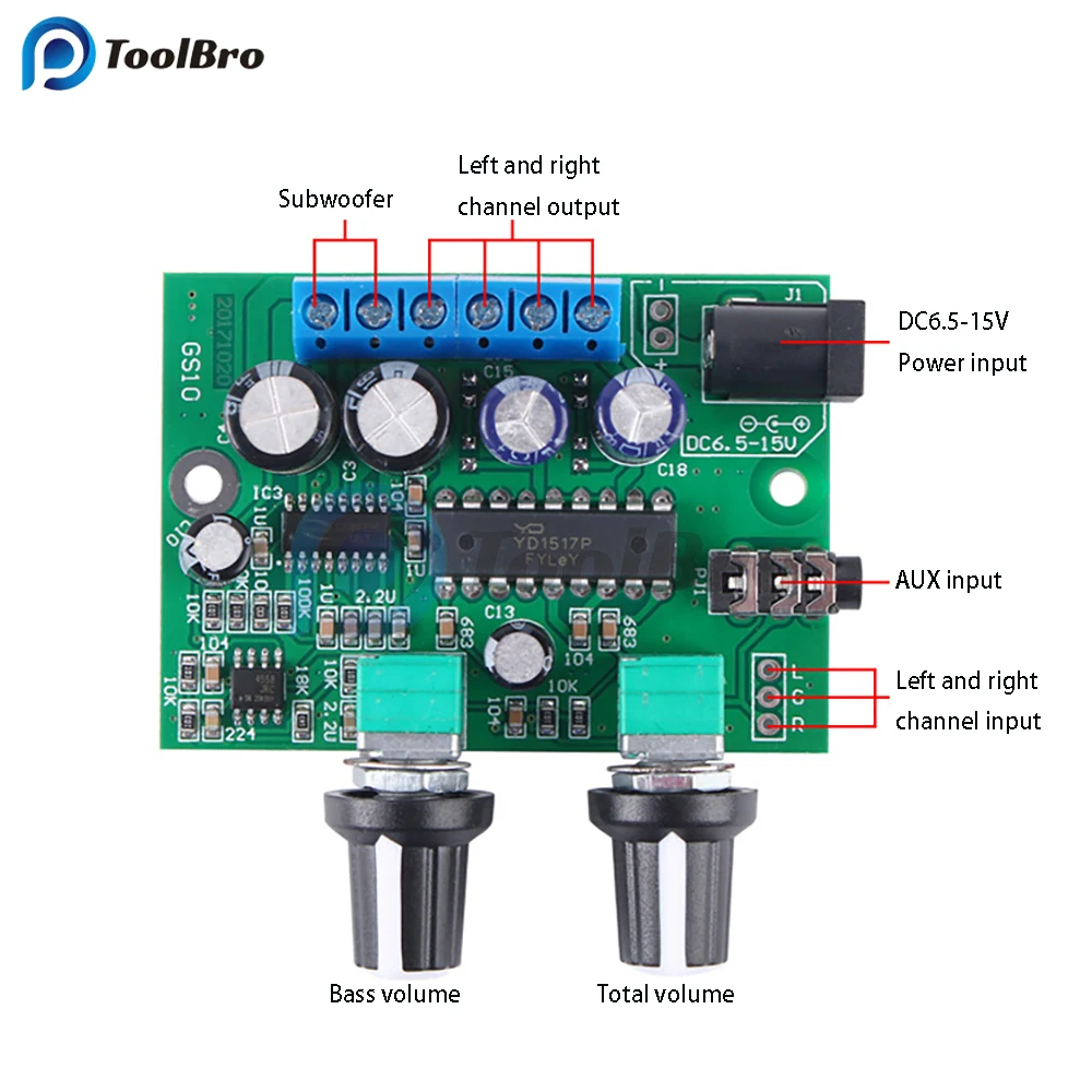 Placa amplificadora de potencia de 2,1 canales, amplificador clase D de sonido, HiFi, 25W + 6W + 6W DC 6,5-15V, Control de volumen para altavoz, Subwoofer, cine en casa