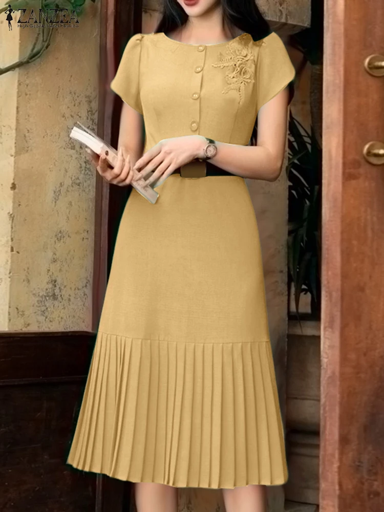 ZANZEA 2025 Robe plissée d'été femmes couleur unie Robe d'été mode manches courtes décontracté Robe ample a-ligne robes de soirée S-3XL