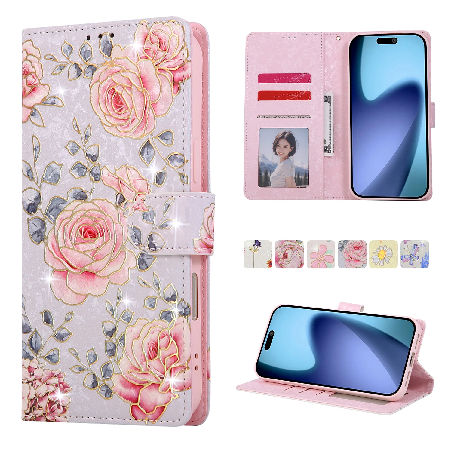 Dompet Kulit Motif Bunga Anti Maling Magnetik Mewah Untuk iPhone 17 Pro Max 16 Plus 15 Plus 14 13 Penutup Lucu