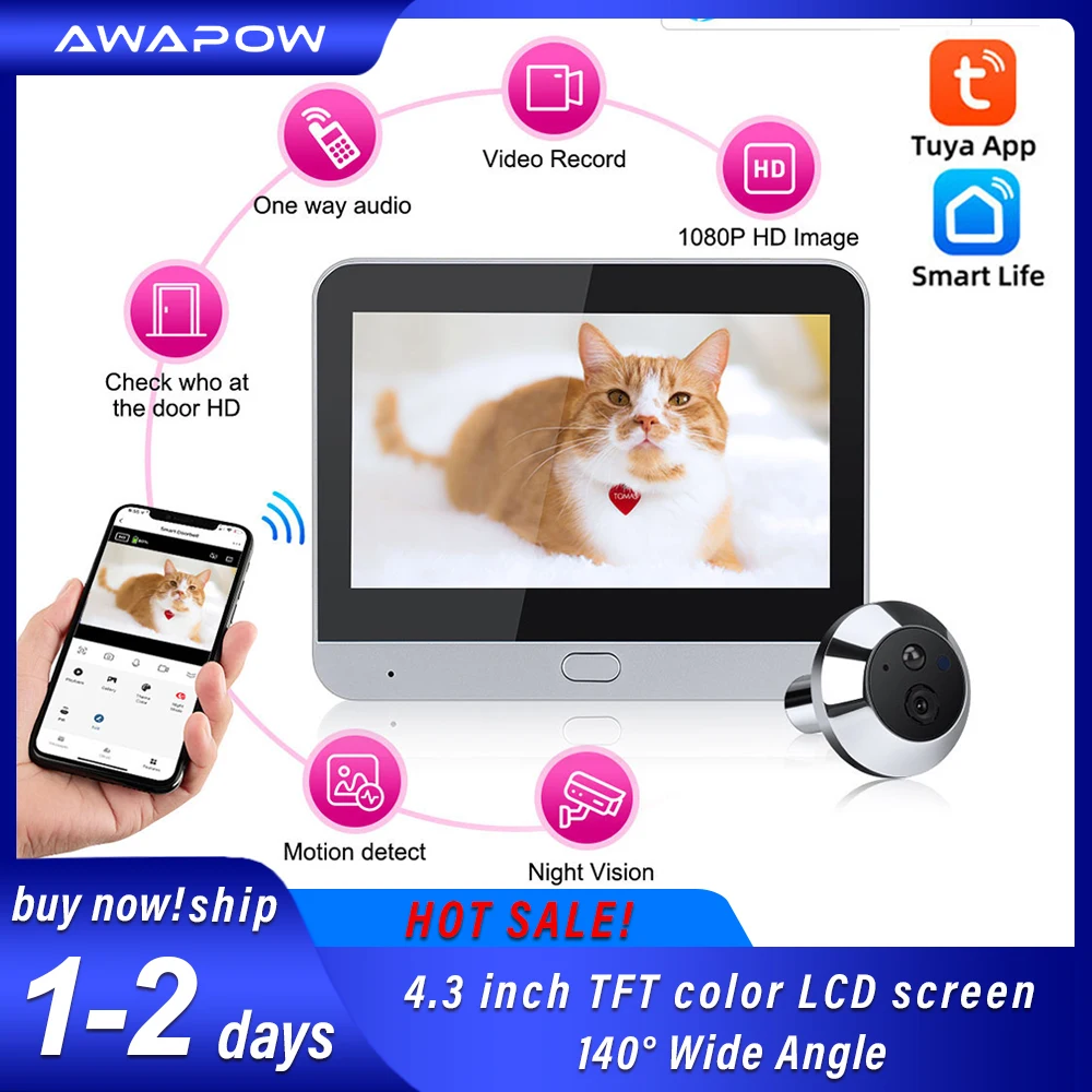 Awapow WiFi campanello spioncino Smart Tuya 1080P Digital Door Camera Motion Detect campanello Eye spioncino Alexa Google annuncio