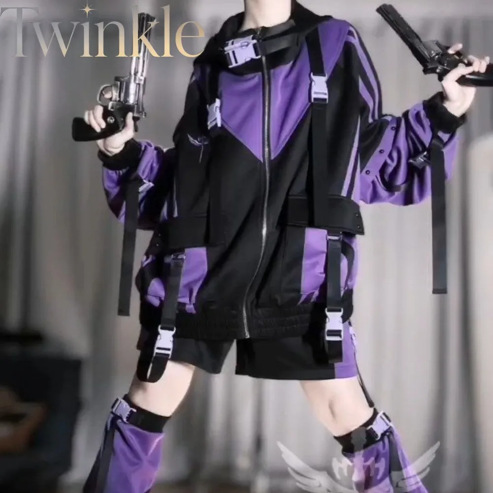 Y2K Techwear Tracksuit Set Women Japanese Anime Fashion Purple Aqua Blue Jacket Fall Streetwear