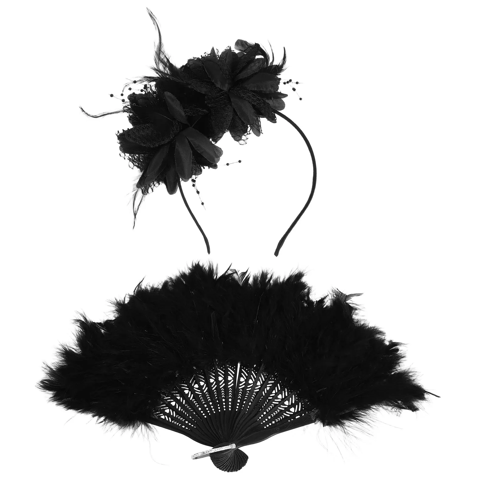 

2Pcs Feathered Headband Fan Set Decorative Faux Feathered Carnival Hairband Festival Hair Decor Masquerade Party Wedding