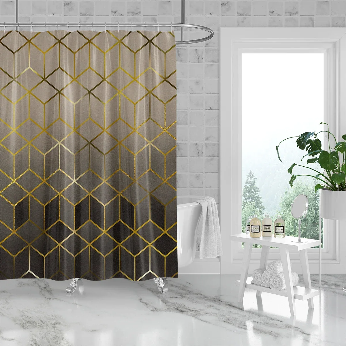brown gradient plaid pattern printed shower curtain, waterproof, washable, with 12 hooks, bathroom shower, bathtub, home use