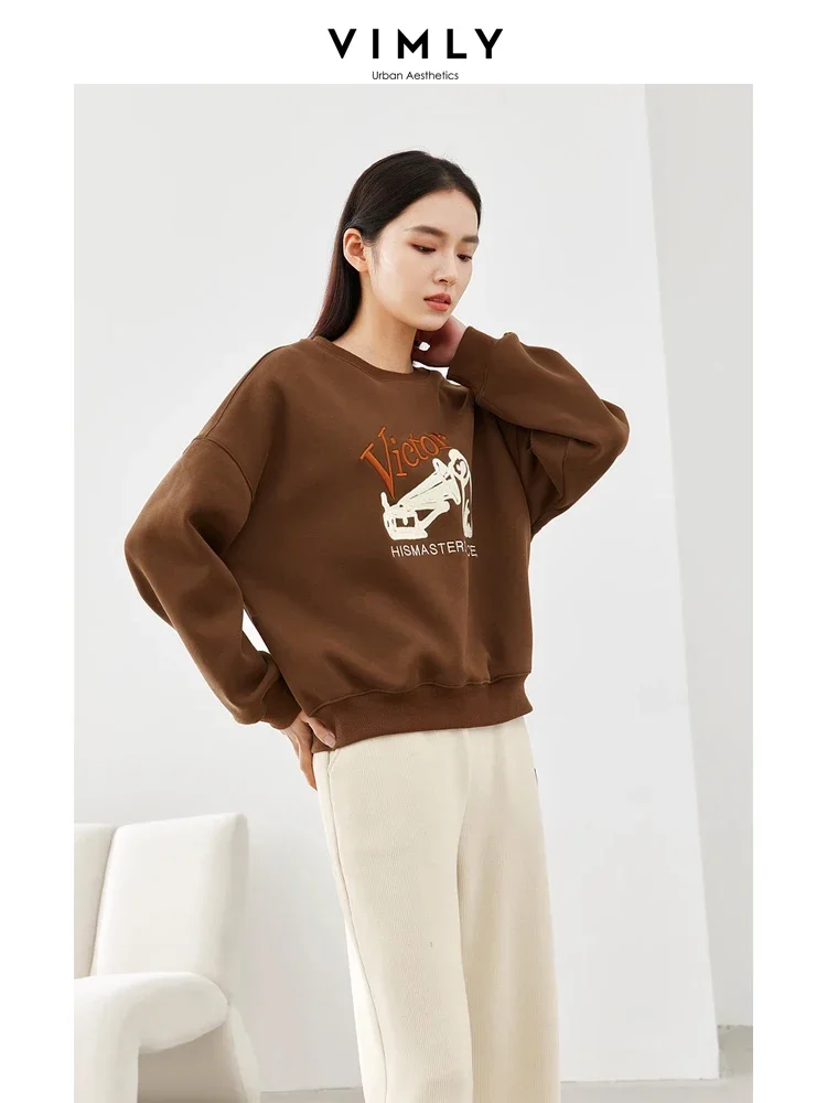 Vimly Coffee Casual O-neck Sweatshirt 2023 Winter New Letter Thick Loose Pullovers Women\'s Long Sleeve Top Female Clothing M5301