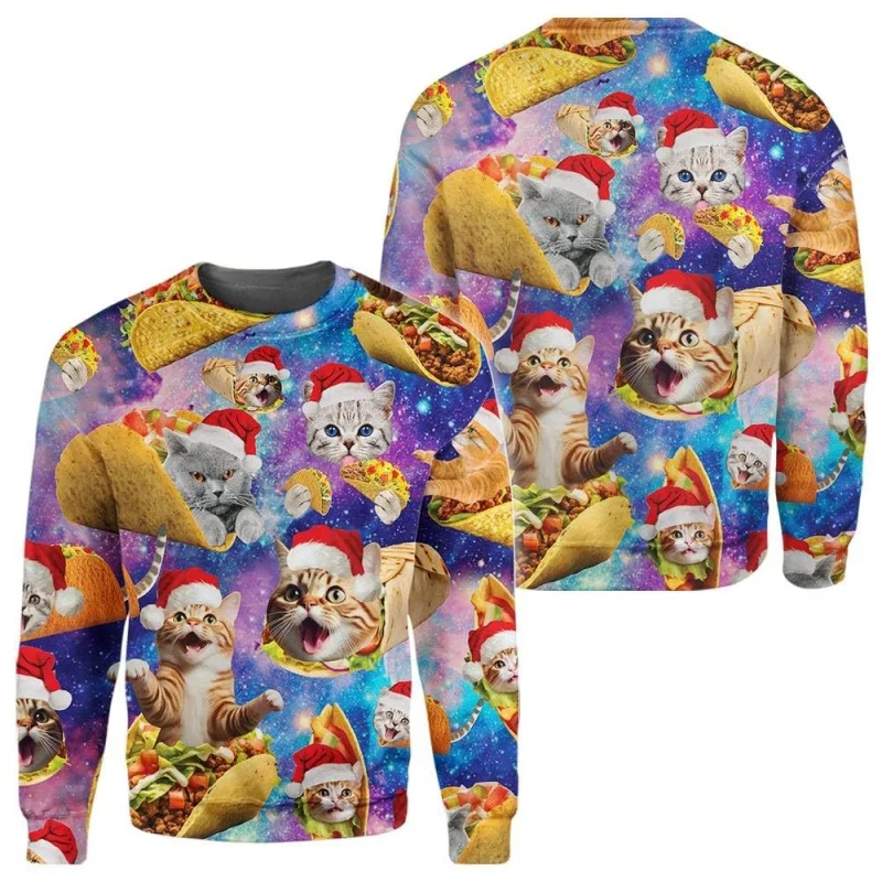 ثلاثية الأبعاد مطبوعة عيد الميلاد قبعة البلوز للرجال النساء القط يسوع الألبكة نمط البلوفرات عادية فضفاض الجولة الرقبة طويلة الأكمام هوديس #3