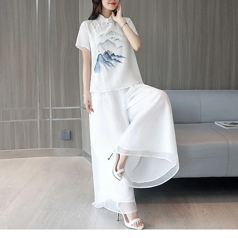 

China Women Retro Buckle Cheongsam Top Chiffon White Wide-leg Pants Chinese Style Vintage Elegant Linen Print 2 Piece Pants Set