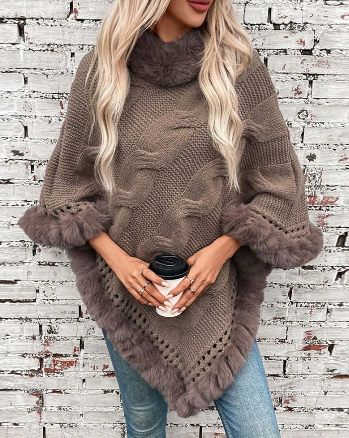 

Women's Hoodie 2024 Autumn Winter Latest High Neck Cloak Sleeve Fuzzy Detail Asymmetric Hem Knit Cape Sweater Long Sleeve Top