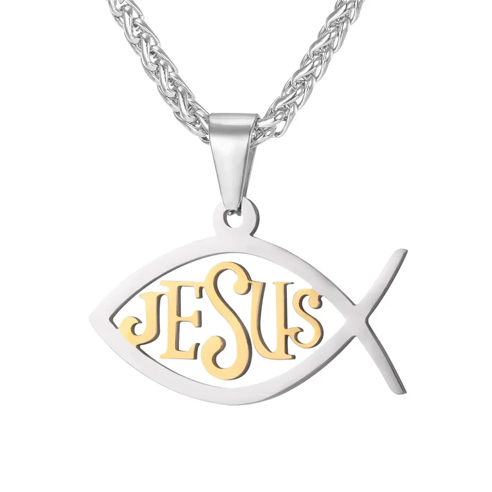 Collare Jesus Fish Pendant Ichthus Stainless Steel Gold/Black Color Men Religious Christian Jewelry Ichthys Necklace Women P076