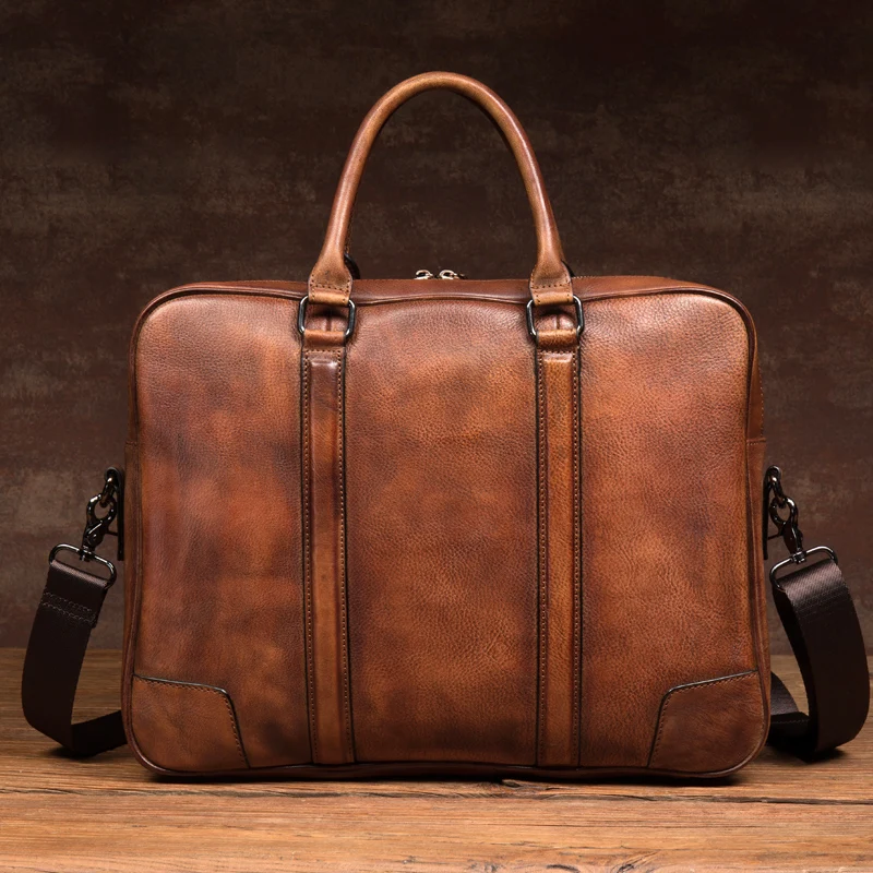 High Quality New Hand-Brushed Vegetable Tanned Leather Casual Men's Bag Business Briefcase Computer Handbag Fashion