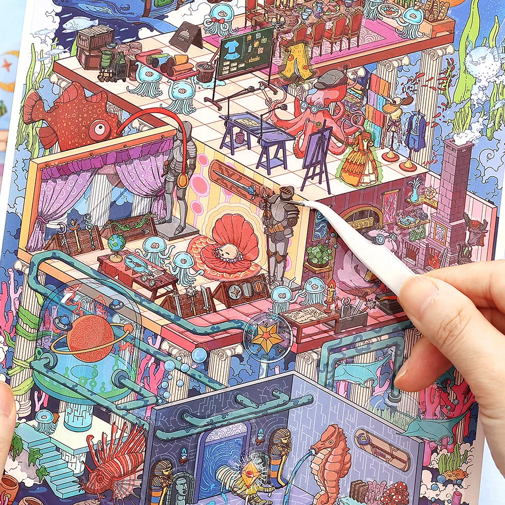 4 Pcs Deep Sea Pavilion 2.5D Diorama Stickers Extra Large Ocean Theme Decals for Journal Scrapbooking, Marine Culture Art Series