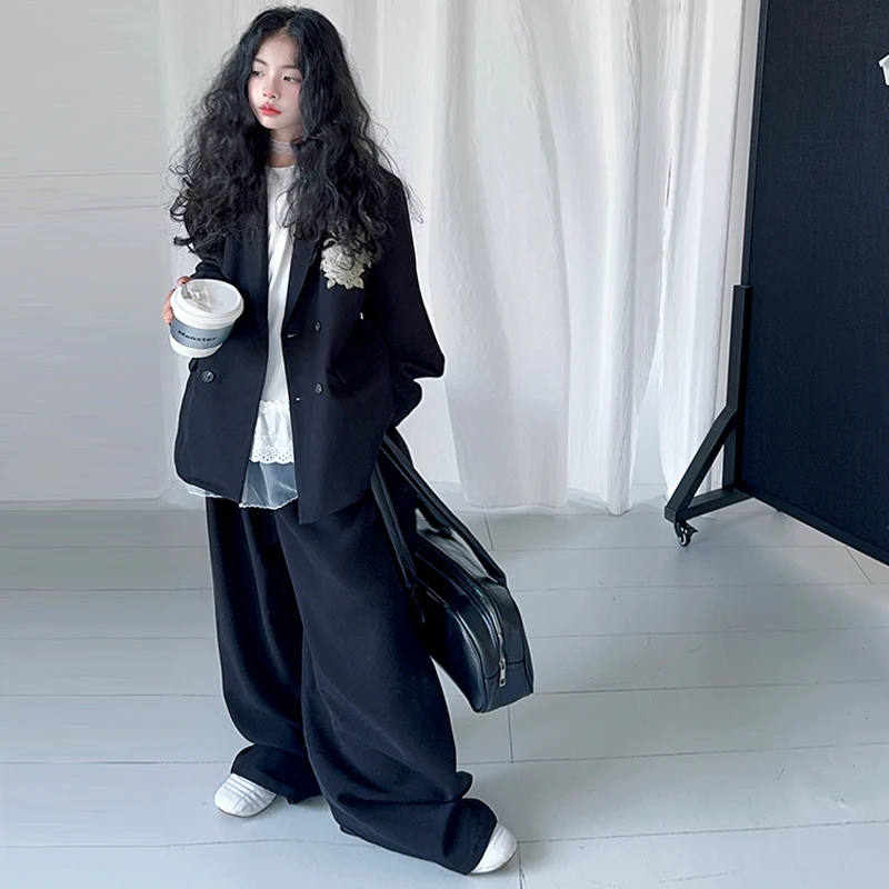 

Весенний комплект костюма для девочек-подростков ‌ Блейзер с вышивкой, куртка + широкие брюки, 2 предмета, платья для маленьких детей, детская одежда, vetement enfant fille