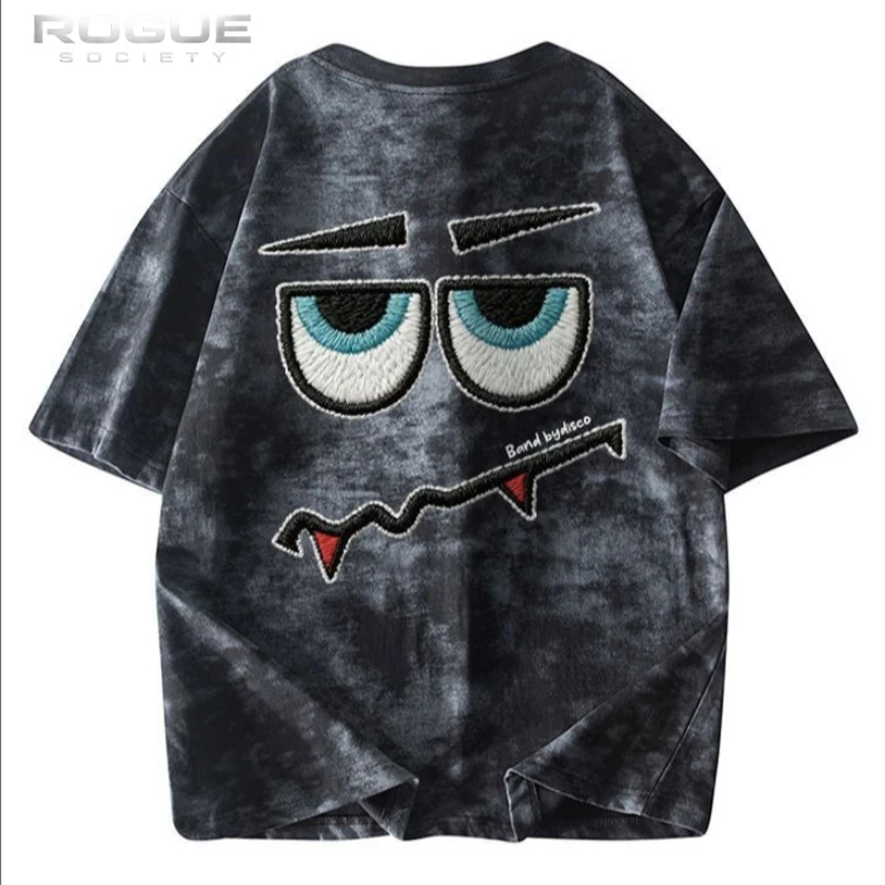 American Retro Wash T-Shirt Men Cartoon Embroidery Short Sleeve Tops Male Y2K Harajuku Style Casual Loose Streetwear Tees Unisex