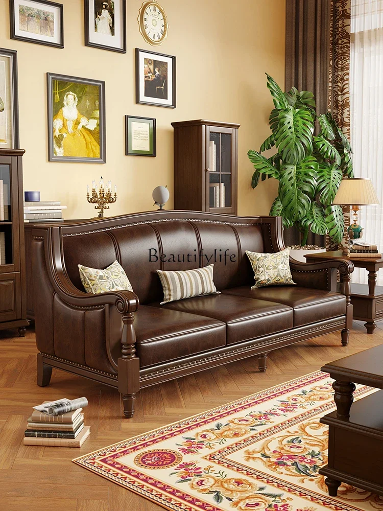 

13American Country Retro Solid-Wood Leather Sofa First Layer Cowhide Living Room Furniture