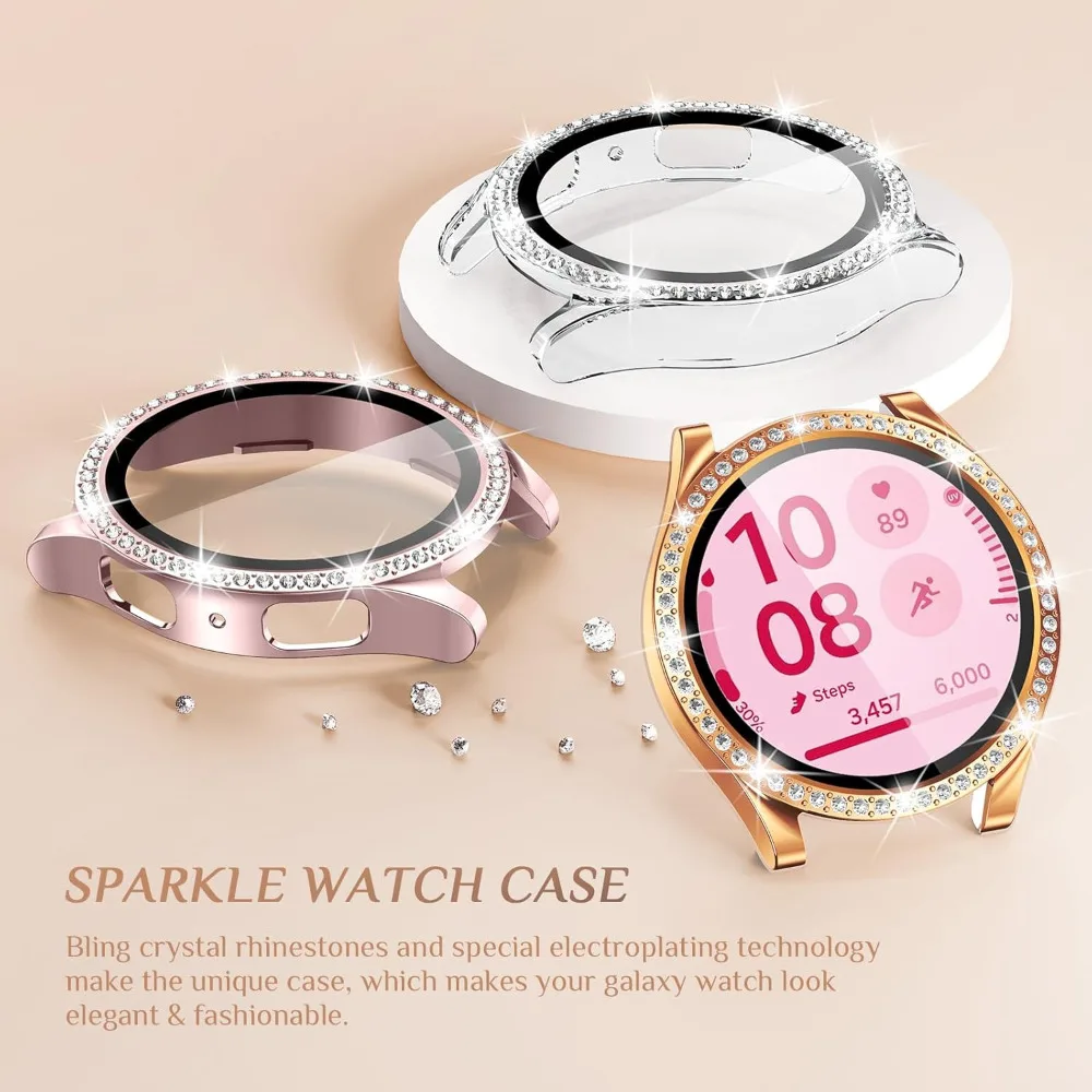 Bling Case for Samsung Galaxy Watch7 6 5 4 Screen Protector 40mm 44mm Accessories Diamond Protective Cover with Tempered Glass