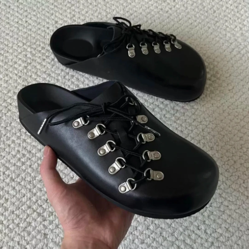 

Men Hiking Buckle Lace Up Platform Mule Slippers 2026 Backless Loafers Closed Toe Casual Shoes Fashion Outdoor Slip On Shoes