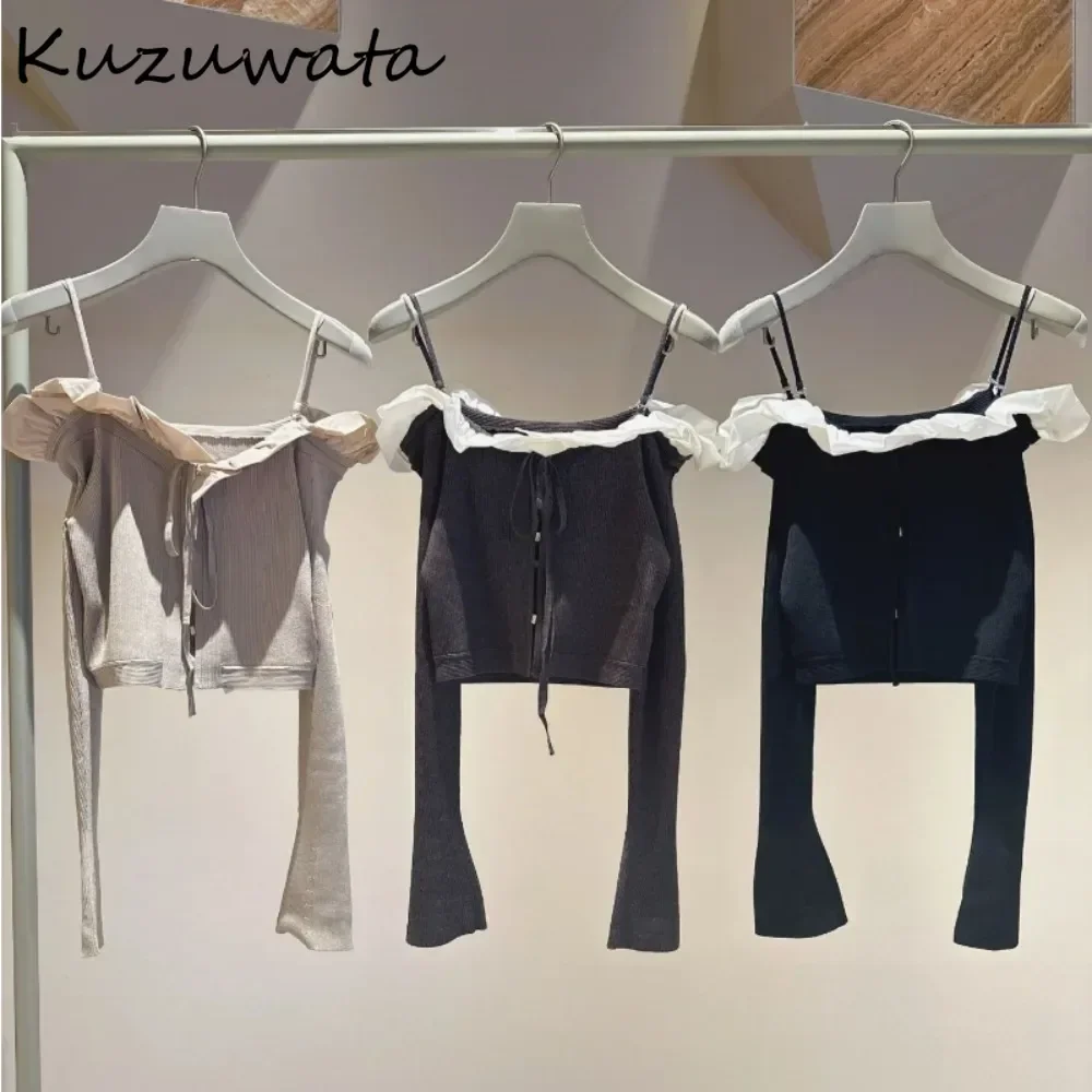 Kuzuwata Casual Slim Slash Neck Flare Sleeve Jumper Ruffles Off Shoulder Lace Up All-match Cardigan Japan Knit New Straps Tops