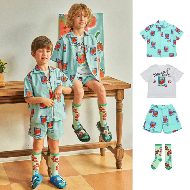 

New 2024 Korean Bebe Summer Kids Set Child Fruit T Shirt Girls Shorts Children Cartoon Shirt Child Fashion Boys Birthday Clothes