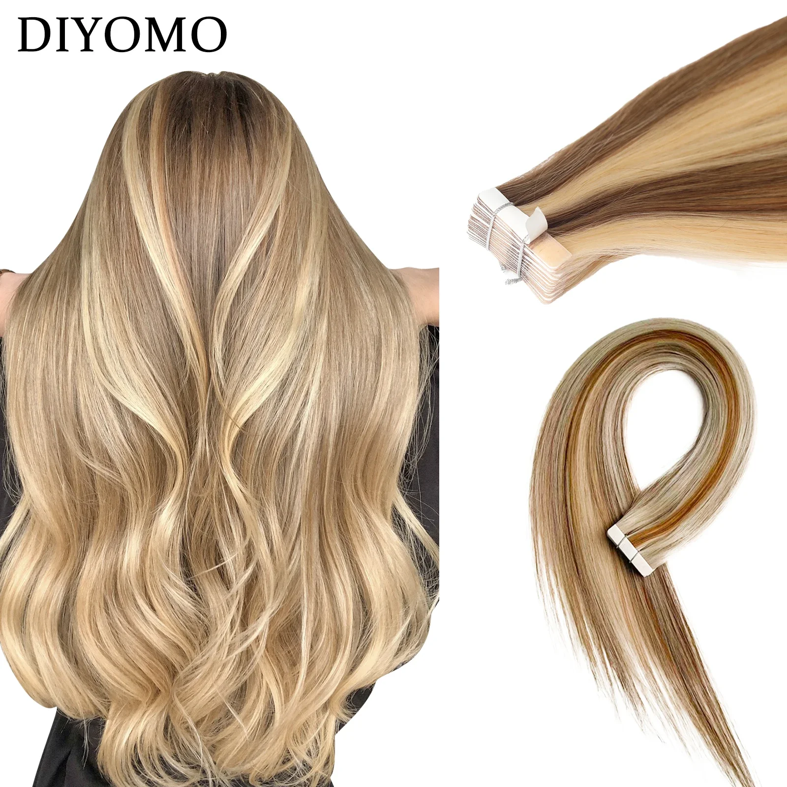 DIYOMO Tape In Hair Extensions Human Hair Natural Color Silk Straight Seamless Invisible Tape In Extensions various hair colors