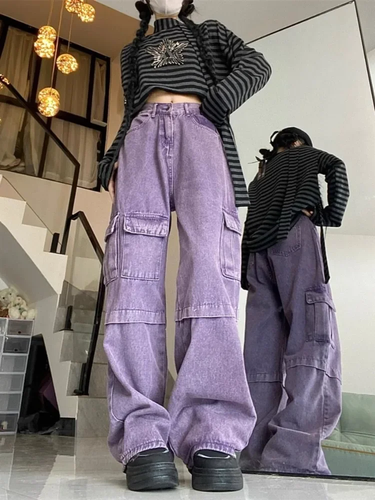 American Vintage Purple Multiple Pockets Denim Pants 2025 Autumn High Waist Trousers Y2k E-Girl Loose Straight Wide Leg Pant