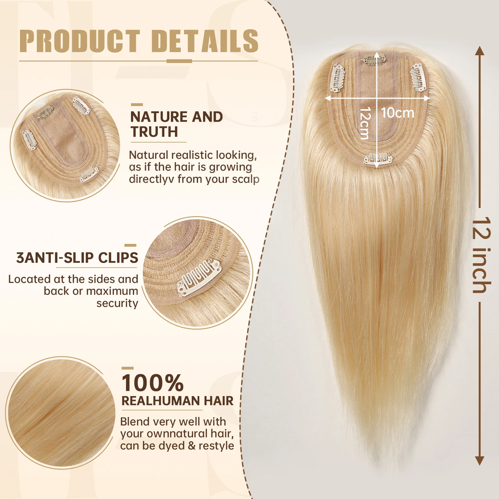 100% Remy Human Hair Toppers for Women 613 Blonde Hair Pieces 12 Inch Middle Part Hair Topper Silk Base Clips in Hair Extension