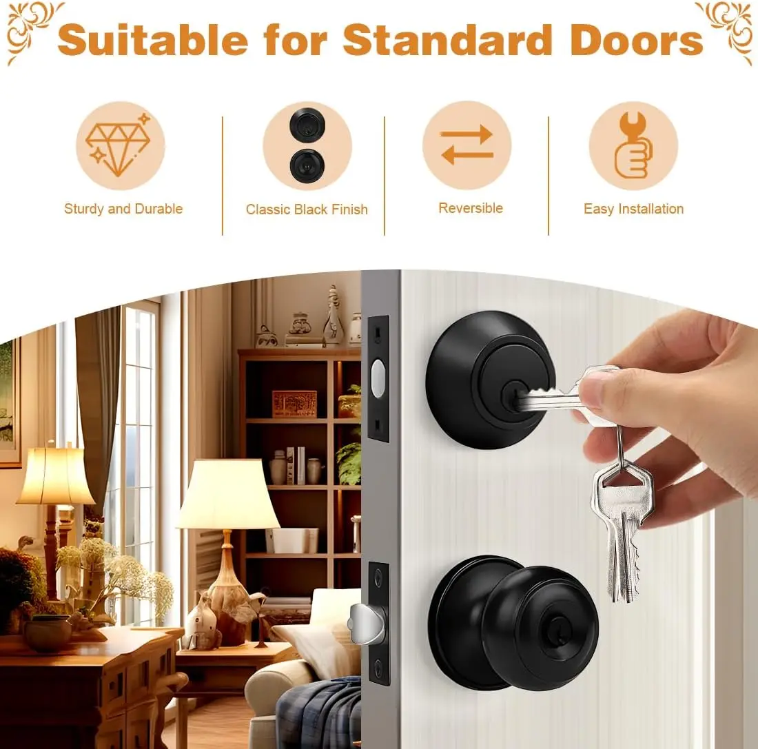 Entry Door Knob Lock Set with Single Cylinder Deadbolt, 3-Pack Keyed Alike in Flat Black Finish