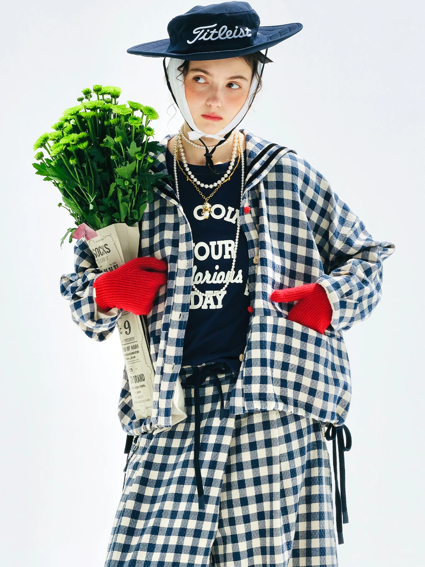 

imakokoni 2025 Autumn Retro Preppy Style Checkered Jack100% Cotton Blue-White Check Naval Collar Loose Cardigan for Women 255194