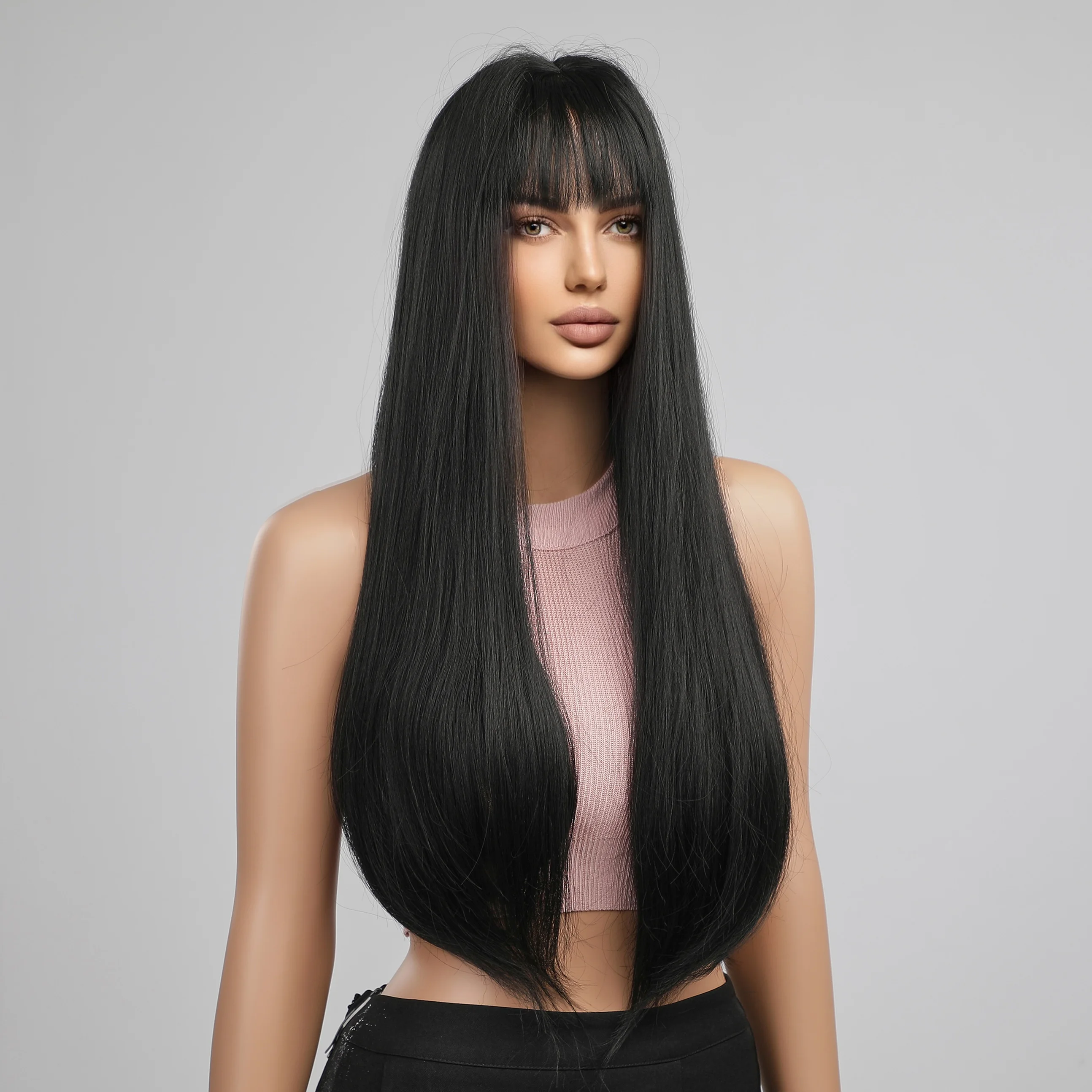 GEMMA Long Straight Synthetic Wig for Women Dark Black Gray Hair Wigs with Bangs Cosplay Natural Hair Heat Resistant Fiber Wig