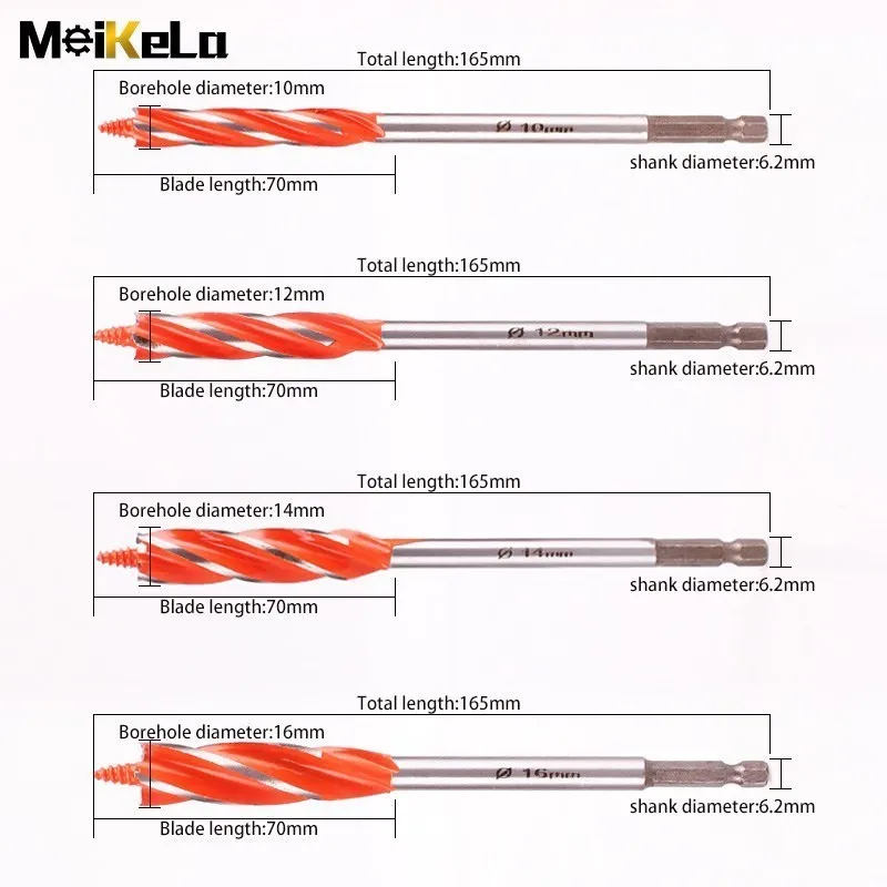 Meikela 10-35mm 1/4\'\' Hex Shank High Speed Steel Auger Drill Bits, 160mm Four-Slot Woodworking Tools Hole Opener Cutter