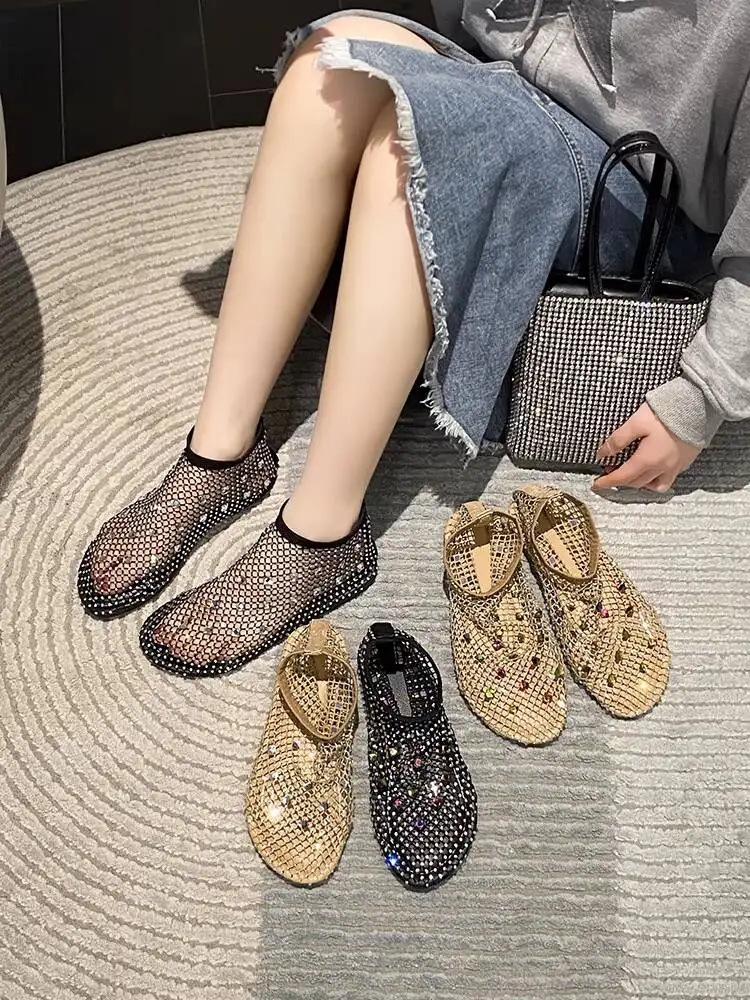 

2026 Summer Hollow Out Mesh Sock Boots Women Sparkly Rhinestone Flat Sandals Weave Roman Sandal Boots Breathable Summer Shoes