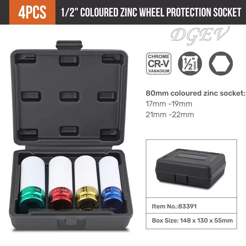 DGEV band zeshoekige dopsleutelset 1/2" aandrijving -17-22mm diepe muur slagdop voor bandenbescherming/autoreparatie wielset