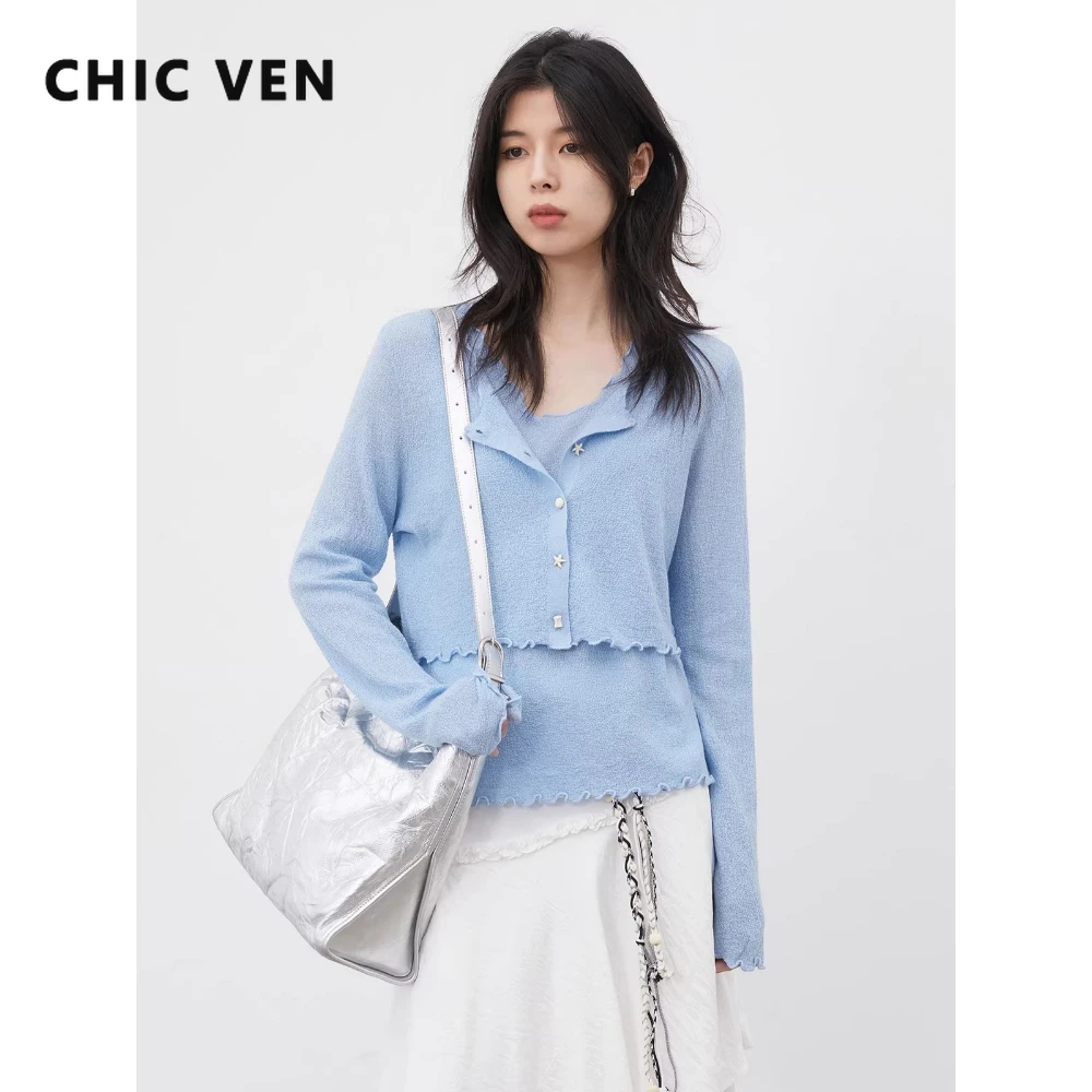 

CHIC VEN Fashion Women Cardigan Loose Casual New Design Ocean Style Female Knitted Sweater Vest Two-piece Set Spring Summer 2026