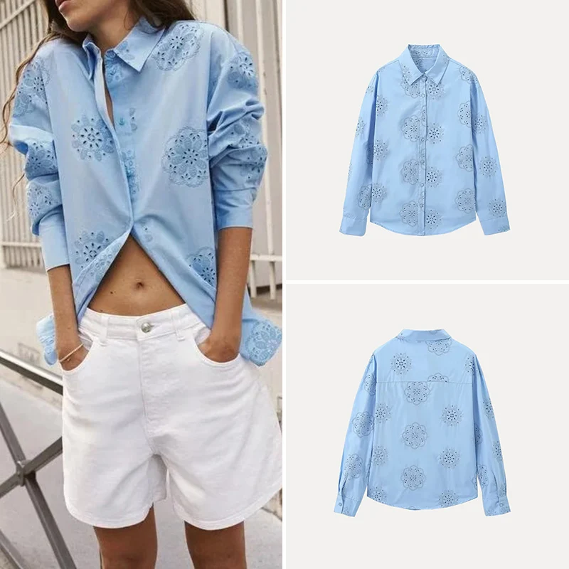 

Новая весенняя женская блузка с длинным рукавом, воротником-стойкой, вышивкой, из полиэстера и шифона, модная офисная одежда