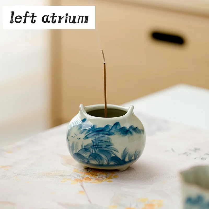 

Pure Hand Painted Landscape Double Ear Incense Holder Retro Censer Household Scented Aromatic Candles Tea Ceremony Decoration