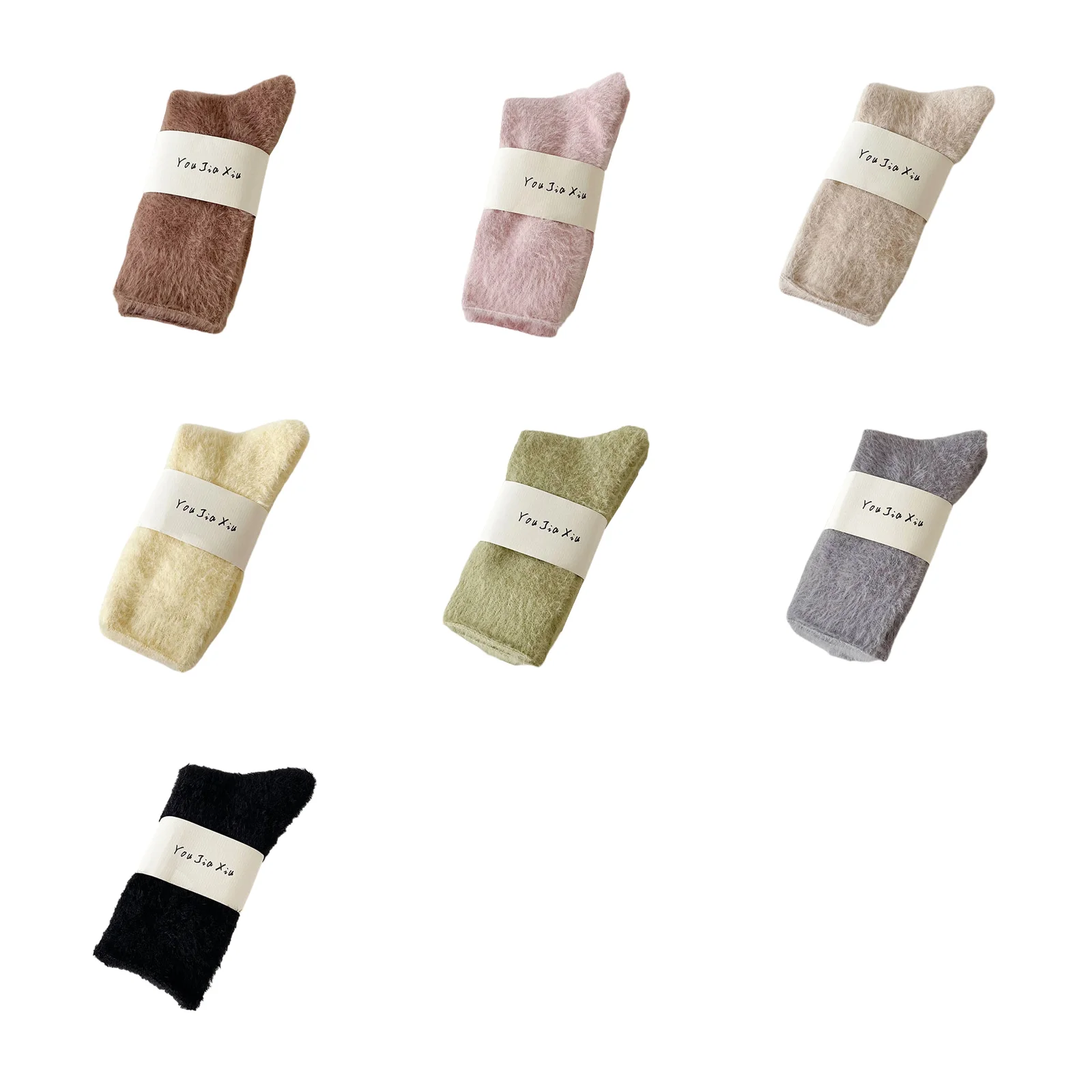 

7-color furry mid-calf socks set coffee/pink/khaki/light yellow/green/grey/black women’s warm socks set