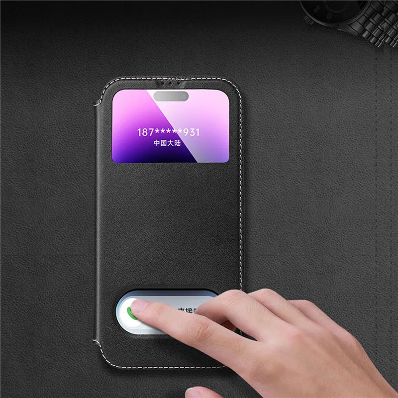 Magnetic Genuine Leather View Window Case For iPhone 16 Pro Max Plus Fundas Natural Cowhide Free Answer Flip Wallet Stand Cover