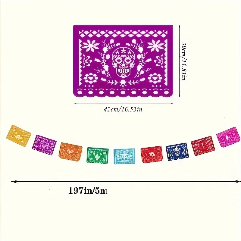 3-teiliges mexikanisches Party-Dekorationsset, leuchtende Papel Picado Girlande aus Kunststoff für Cinco de Mayo, Hochzeit, Geburtstag, Karneval – Detail 2