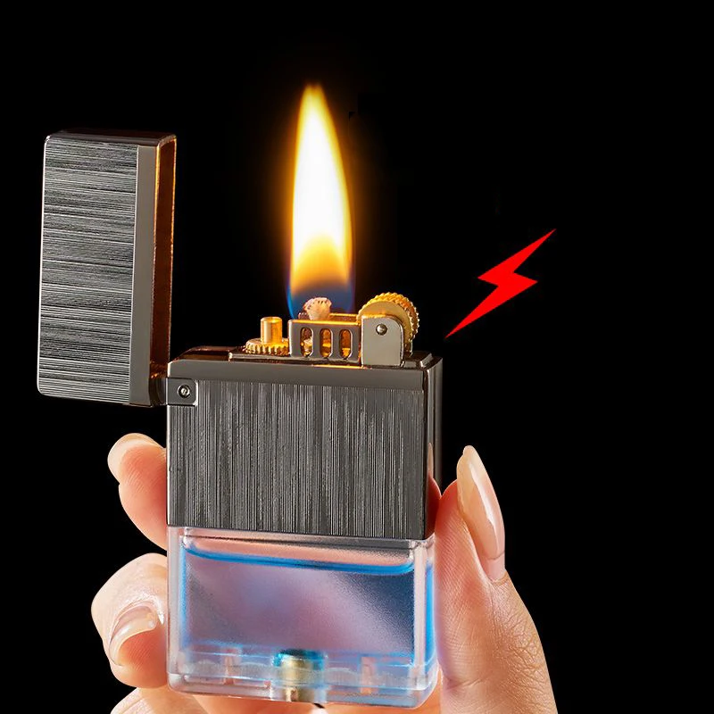 Visible Transparent Oil Tank Volume Storage Kerosene Lighter Long Working Steel Sound Grinding Wheel Gasoline Lighter Retro