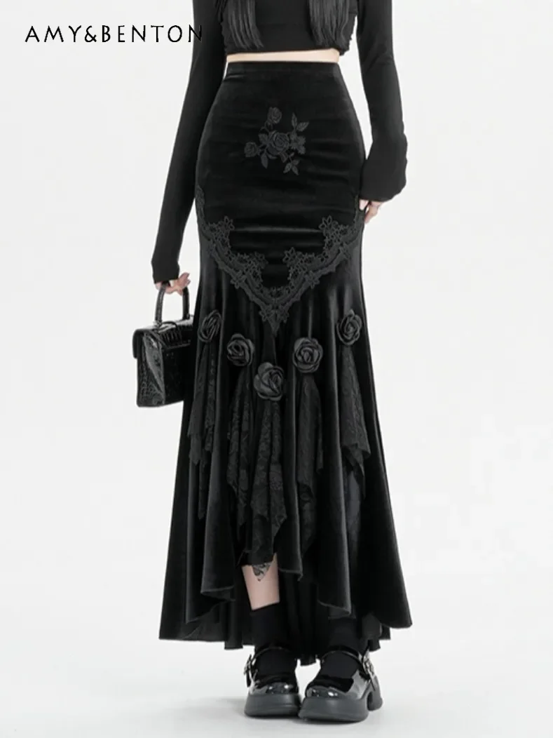 

Gothic Black Velvet Beautiful Unique Fishtail Skirt Women's Autumn Winter Punk Style Retro Flower Printed Sexy Mid-length Skirts