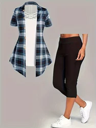 Plus Size Summer Fashion Female Sets Large Navy Blue Plaid Print Short Sleeve Cross Jacket Casual Pants Two-Piece Suit