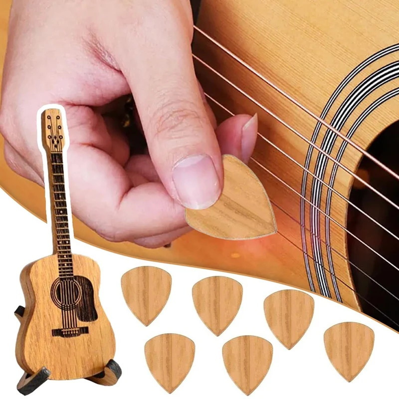 スタンド付き木製ギターピックボックス、ユニークなギターピック、ギタリスト用ミニ収納ボックス、刻まれたミュージシャン、6個