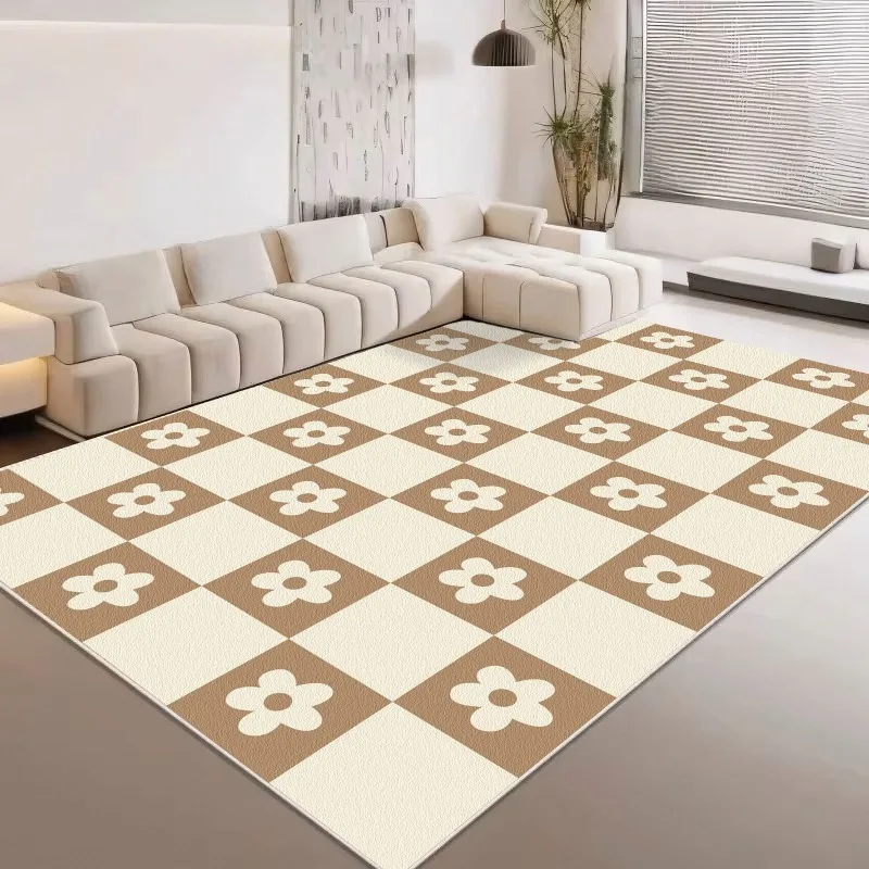 

Beige Plaid Living Room Large Area Carpet Floral Pattern Bedroom Carpet Minimalist Design Checkerboard Home Special Rug Alfombra