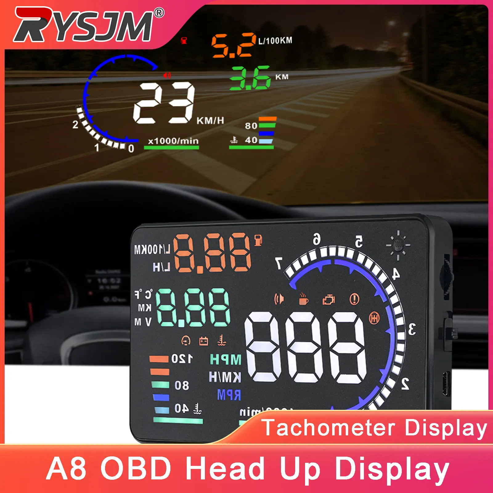 

﻿ Проекционный дисплей A8 OBD HUD на лобовое стекло автомобиля: цифровой спидометр, тахометр, датчик температуры воды и напряжения.