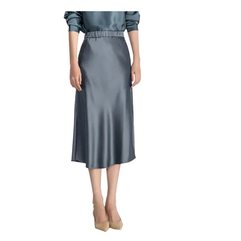 Fengbaoyu Triacetate Satin Spring Summer Lady Medium Length Fork Black Skirt Office Women Clothing Extravagant Korean Fashion