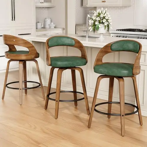 Swivel Bar Stools Set of 1, 26" Counter Height Bentwood Barstool | Mid-Century Modern PU Leather Upholstered Bar Chair view 4