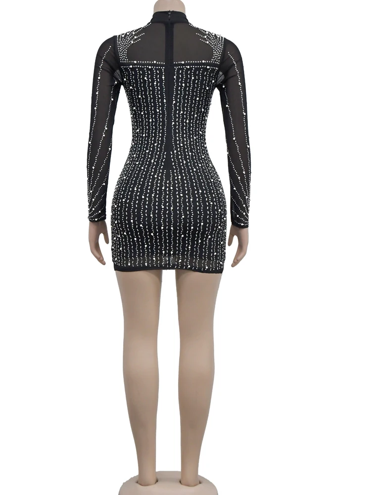 Krice seen sexy Strass schiere Mesh Bodycon Kleid Frauen Kristall Quaste Saum Langarm Geburtstag Clubwear Mini kleid