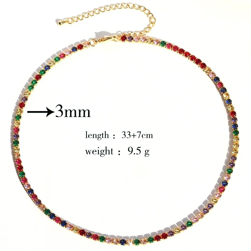 Luxury AAA+ 3mm CZ 1 Row Shiny Tennis Chain Necklace HipHop Iced Out Bling Cubic Zircon Choker Jewelry Gold Plated For Women