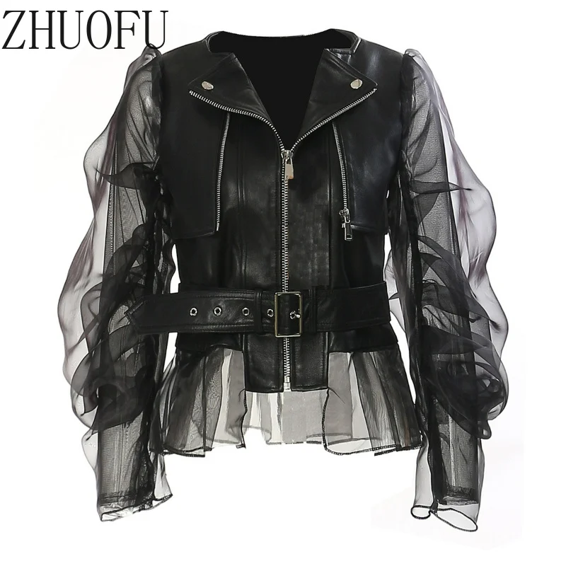 Sweet Cool Locomotive Women's Jacket Black PU Leather Splicing Lace Mesh Perspective Waist-cinching Versatile Jackets Ladies New